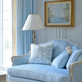 Light Blue Sofa with Lamp and Artwork