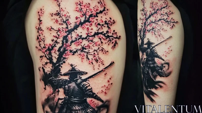 Tattoo of a Samurai Under Cherry Blossom Tree AI Image