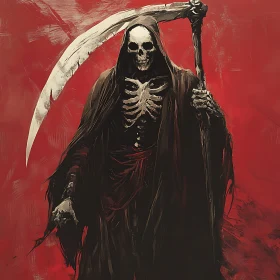 Death with Scythe on Red Backdrop