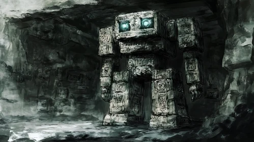 Ancient Stone Robot in Cave