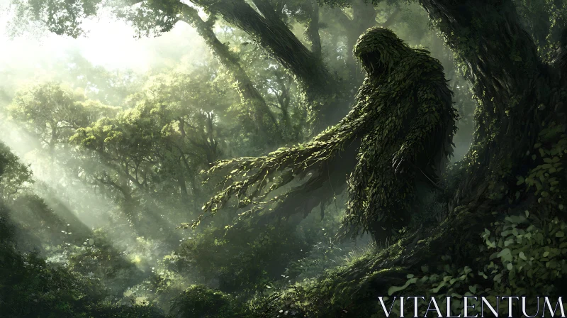 Leaf-Clad Figure in Forest Ambiance AI Image