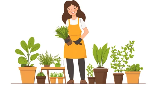 Illustration of Woman Planting Houseplants