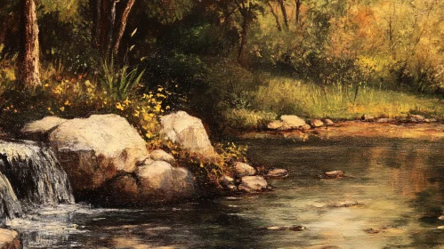 Peaceful Stream Among Greenery and Rocks