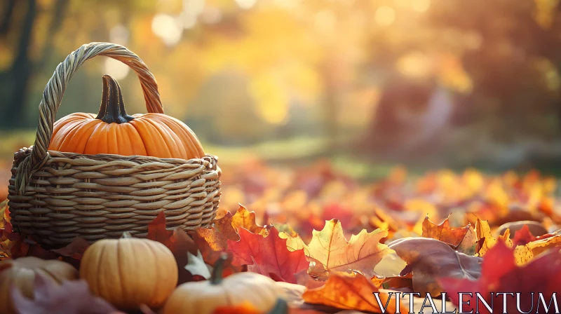 Basket of Pumpkins in Fall Foliage AI Image