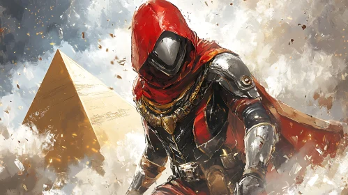 Red Hood Warrior Near Pyramid