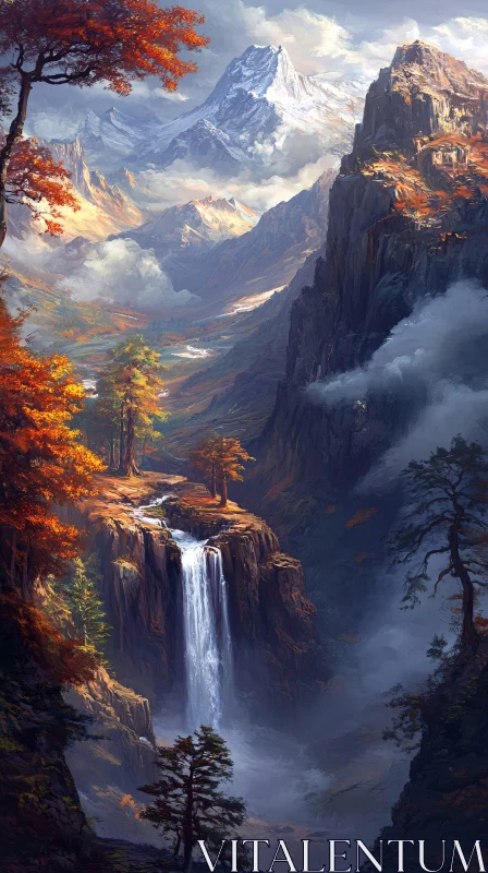 AI ART Mountain Majesty: Autumn Scene with Waterfall