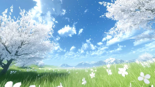 White Flowers in a Green Field