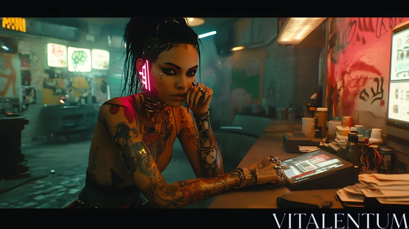 Tattooed Cyberpunk Woman in Futuristic Urban Environment AI Image