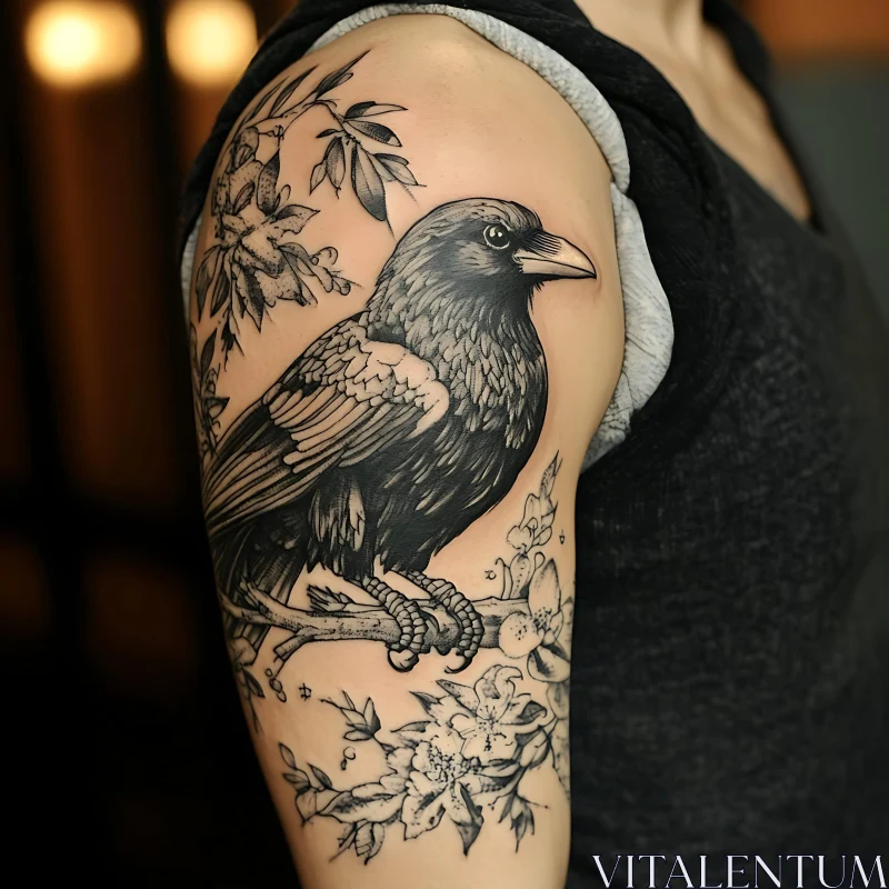 Blackwork Raven and Flowers Tattoo Design AI Image