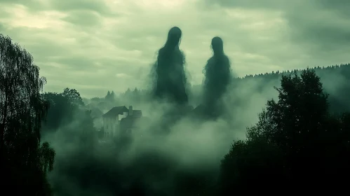 Mysterious Figures in Foggy Village