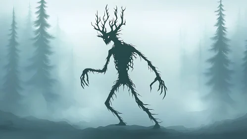 Antlered Creature in Misty Woods