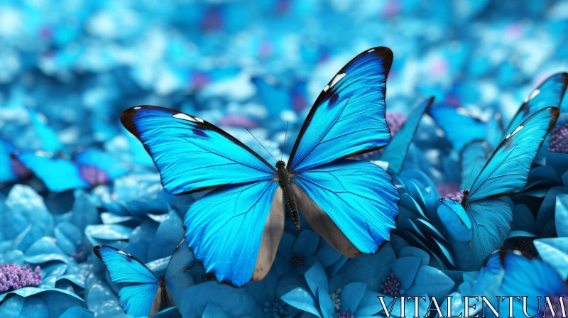 Blue Butterfly on Floral Backdrop: A Study in Blue and Aquamarine AI Image