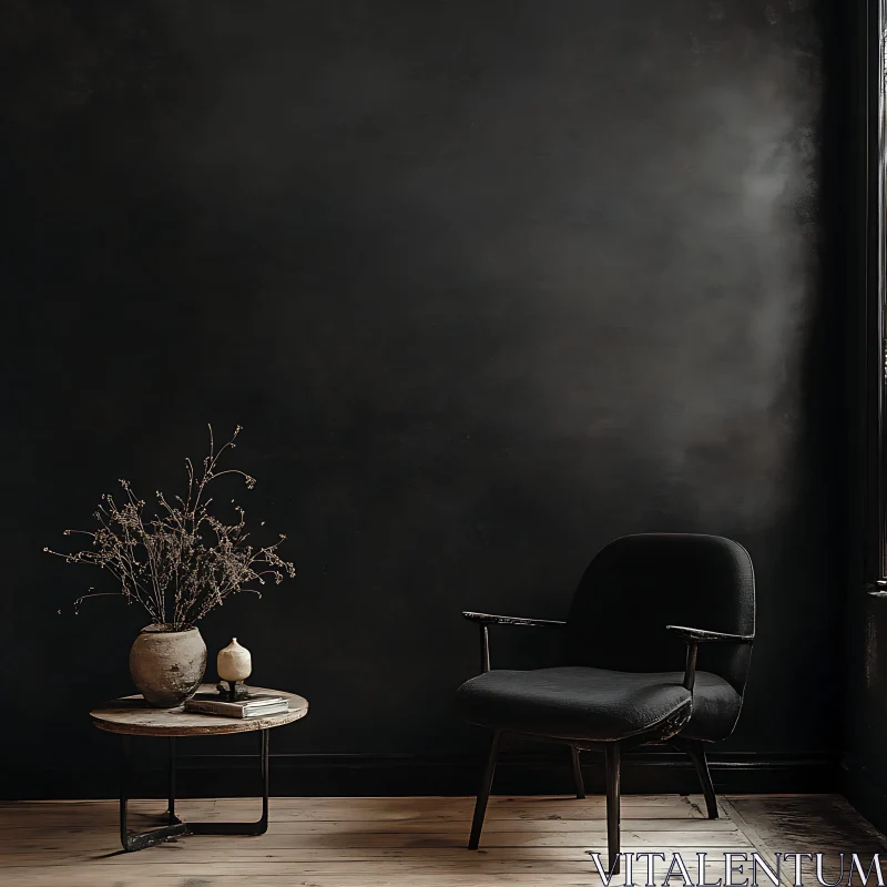 Dark Room with Black Chair and Vase AI Image