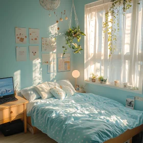 Peaceful Bedroom with Plants and Blue Bedding