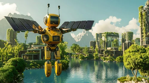 Futuristic Robot with Solar Panels in Green City