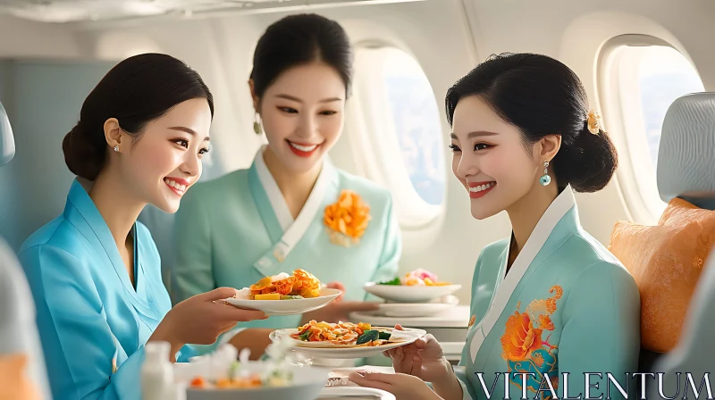 Flight Attendants Interacting and Serving Food AI Image