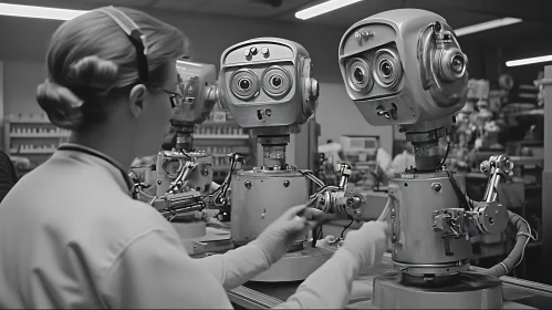 Robots Assembly Line in Black and White