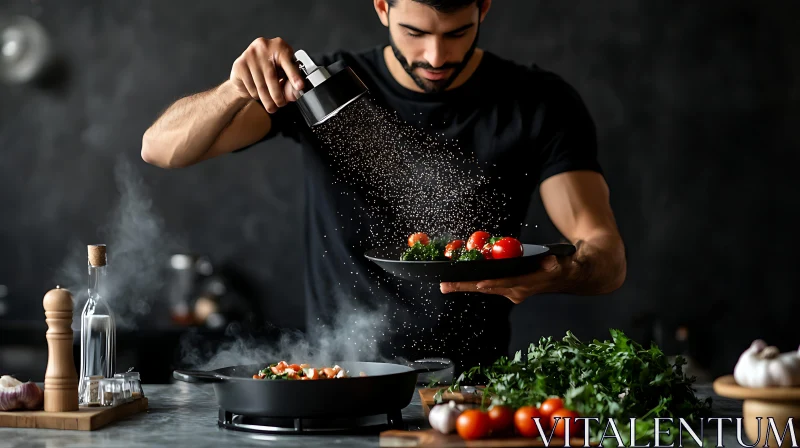 Culinary Art: Chef Adding Flavors to Fresh Vegetables AI Image