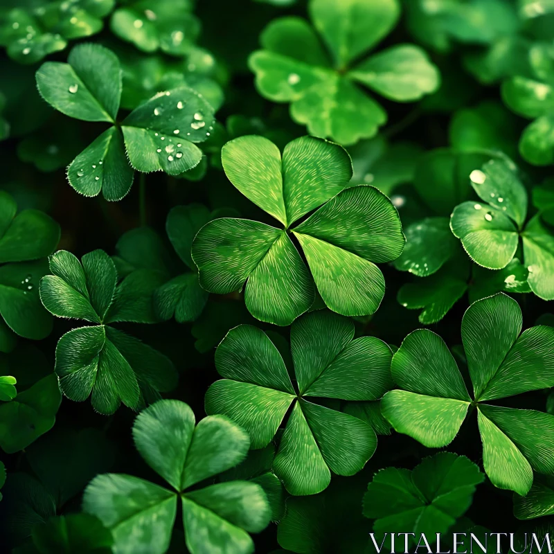 Close-Up of Dew-Covered Clovers with Four-Leaf Clover AI Image