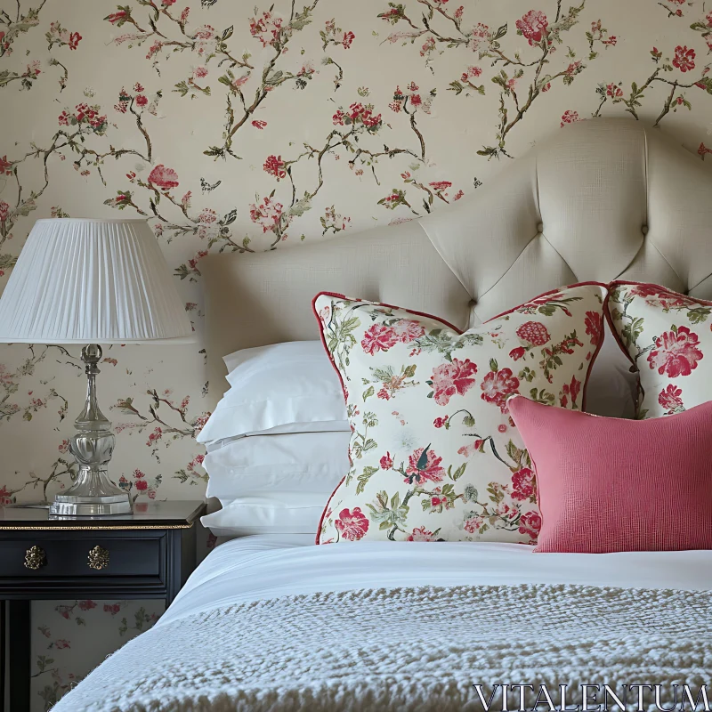 AI ART Cozy Bedroom with Floral Wallpaper and Pillows