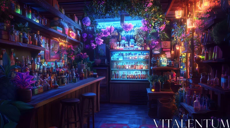 Floral and Neon Bar Interior AI Image