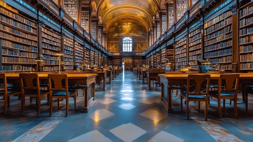 Ornate Library Interior with Reading Tables