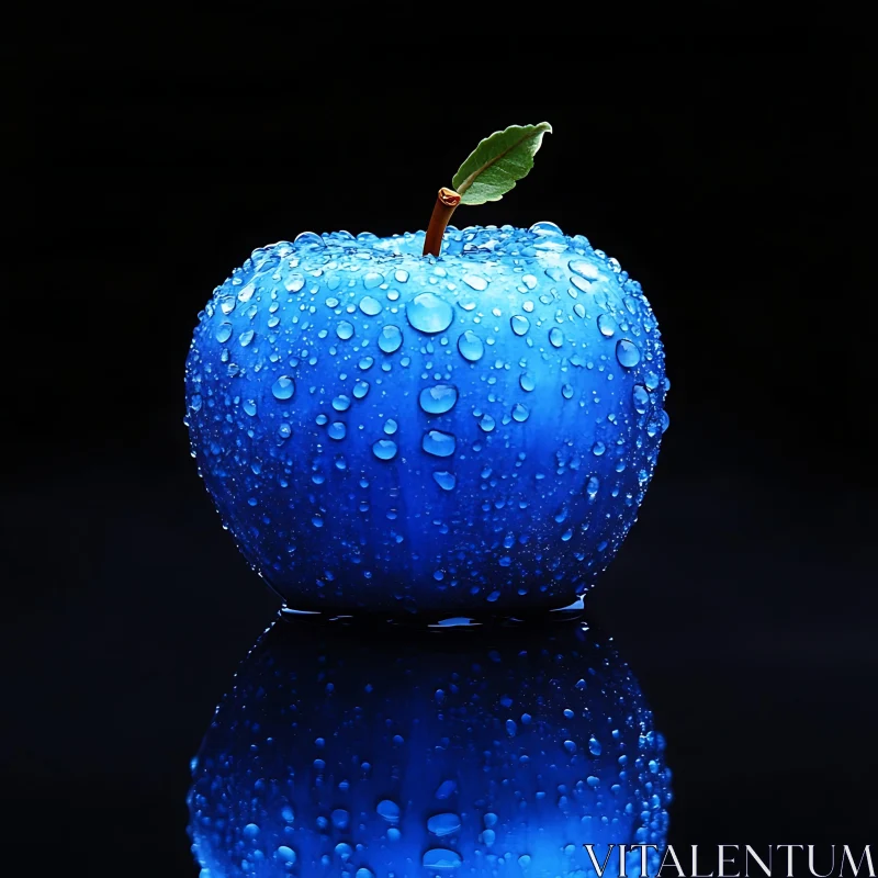 AI ART Vibrant Blue Apple with Water Droplets and Reflection