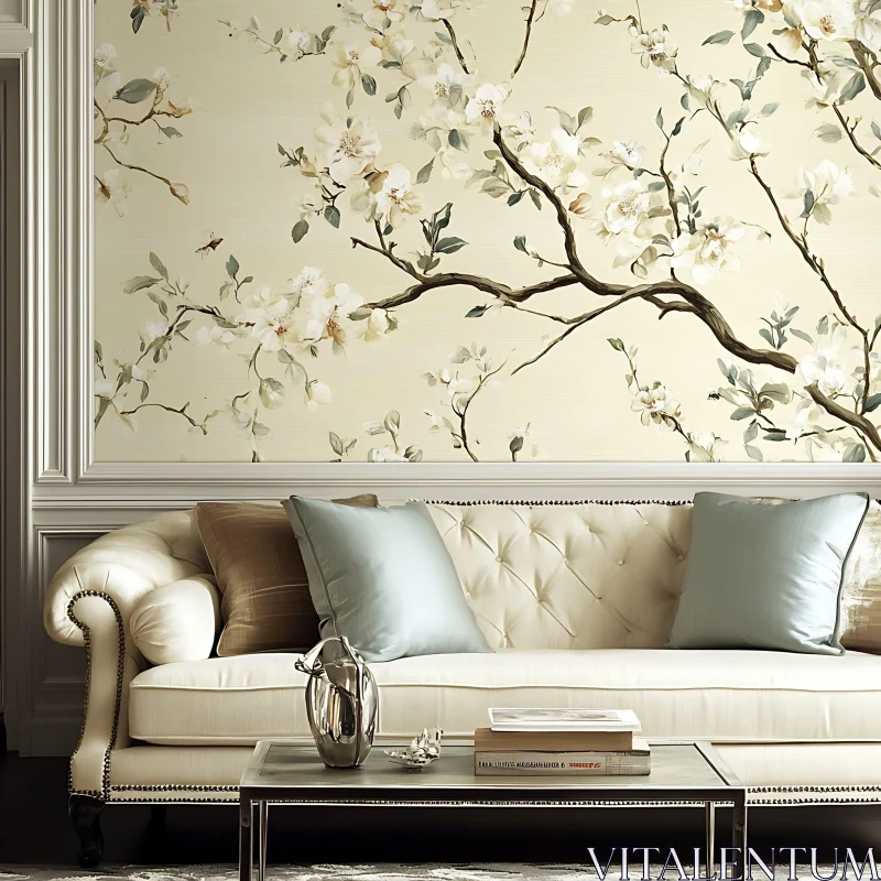 AI ART Cream Sofa with Floral Backdrop