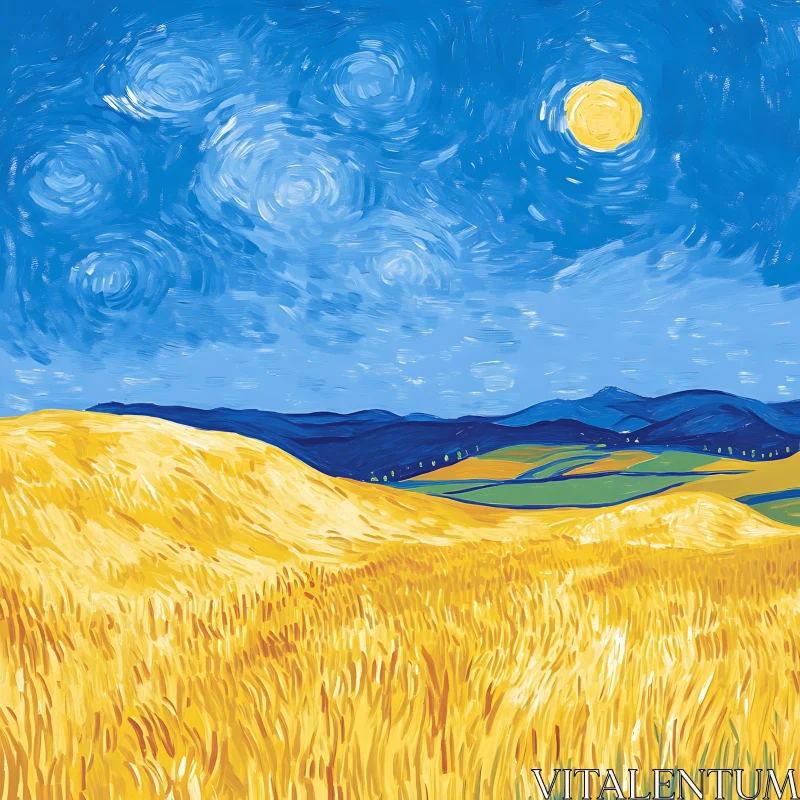 AI ART Landscape Painting with Golden Field and Blue Sky