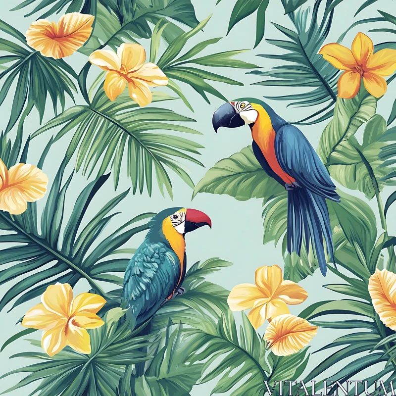 Colorful Parrots and Tropical Foliage Art AI Image