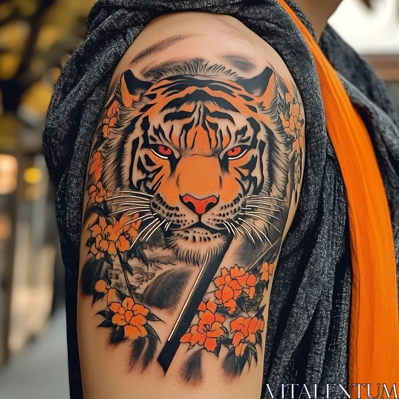 Fierce Tiger Tattoo with Orange Flowers AI Image