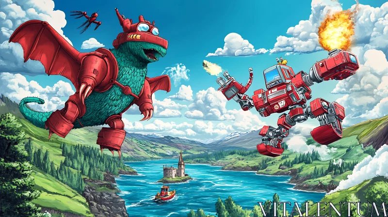 AI ART Cartoon Dragon Robot Fight in Nature