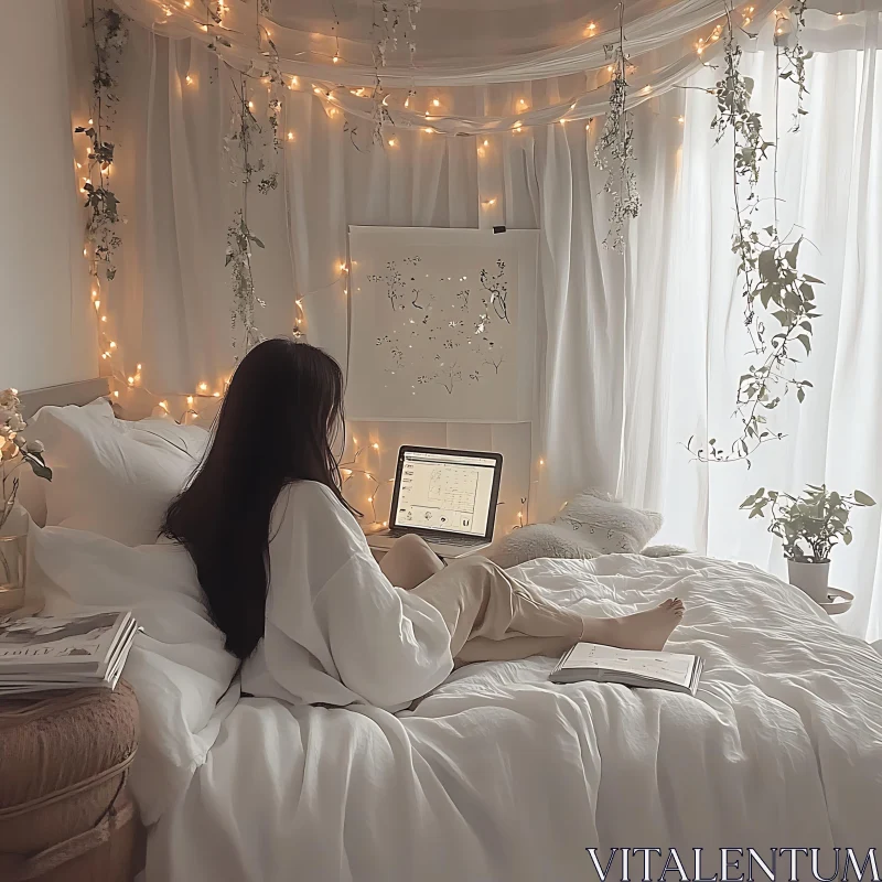 Woman Relaxing in Cozy Lit Room AI Image