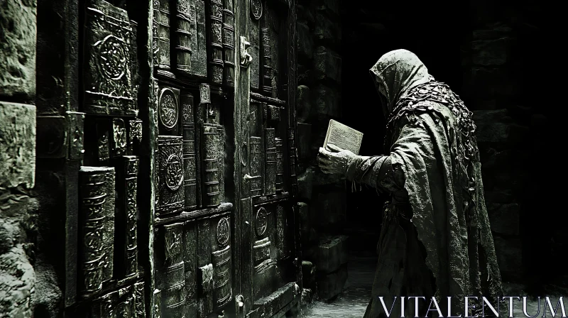 Hooded Figure Reading Book in Dark AI Image