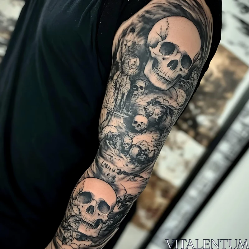 Detailed Skull Tattoo Sleeve in Black and Grey AI Image