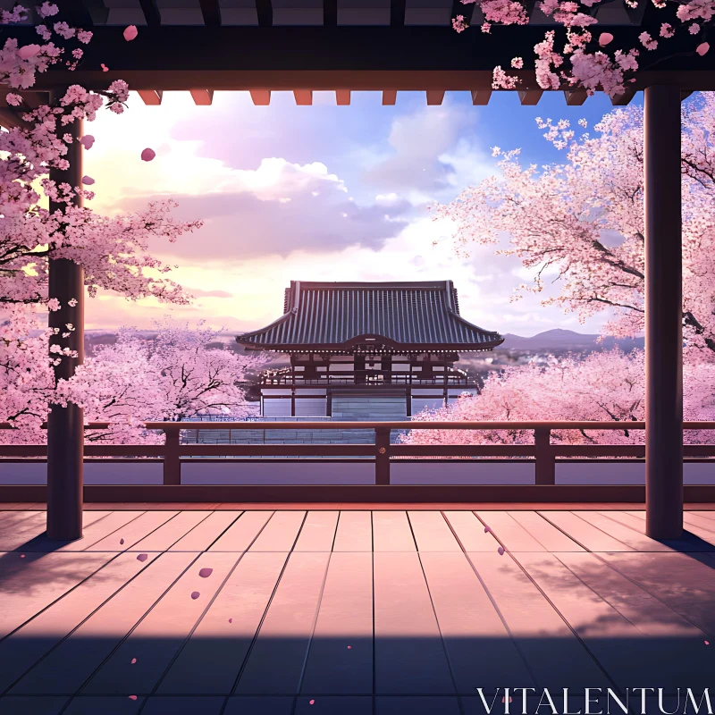 Cherry Blossom Temple View AI Image