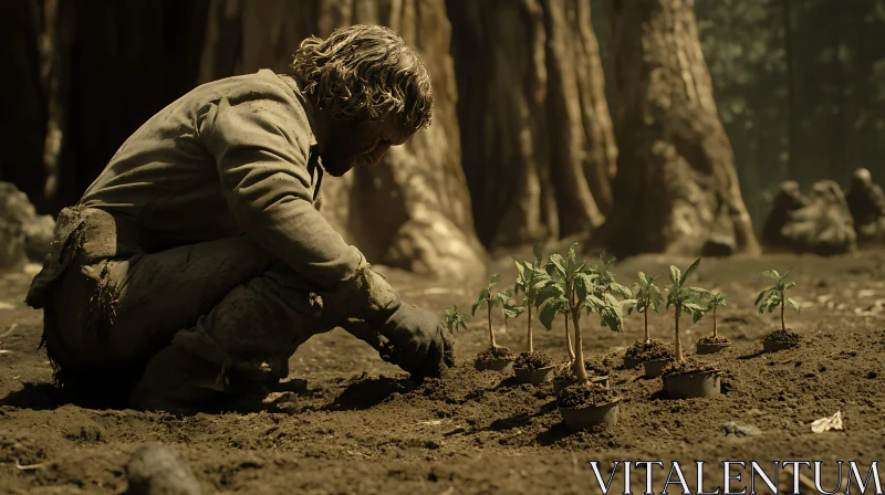 Man Planting Saplings in Forest AI Image