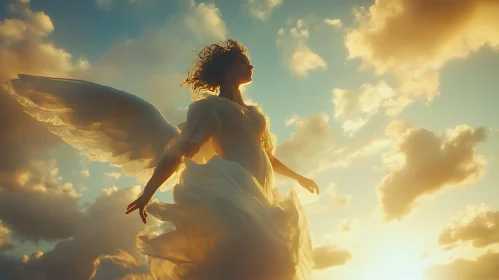 Celestial Angel in Golden Sky