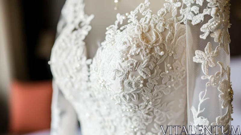 Elegant White Wedding Dress with Lace and Pearl Details AI Image