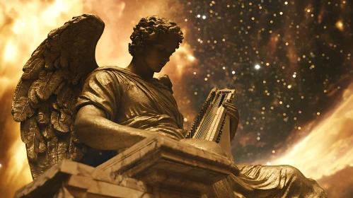 Bronze Angel with Harp and Stars