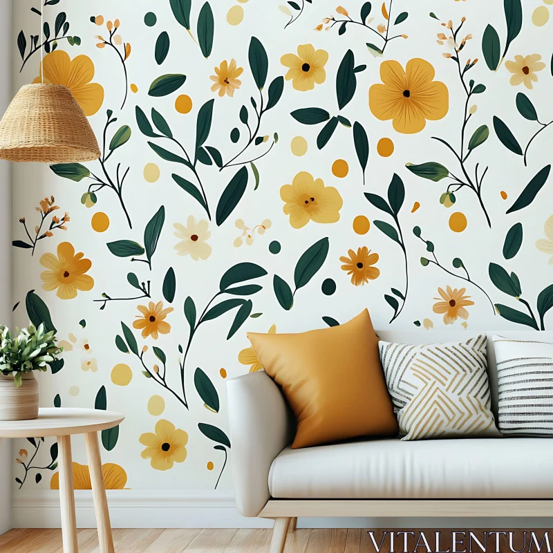 Cozy Living Room with Floral Accent Wall AI Image