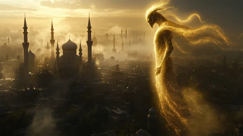 City Protector: Golden Figure Above Metropolis