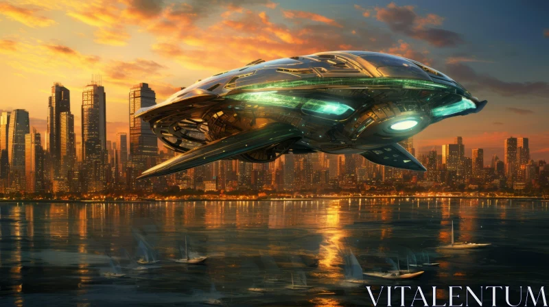 Golden Sunrise Over Futuristic Cityscape with Spaceship AI Image