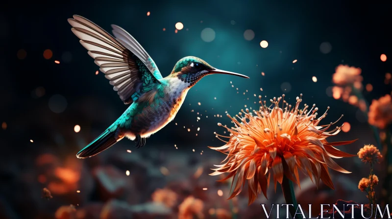 Hummingbird Amidst Blooming Flowers - A Night Scene AI Image