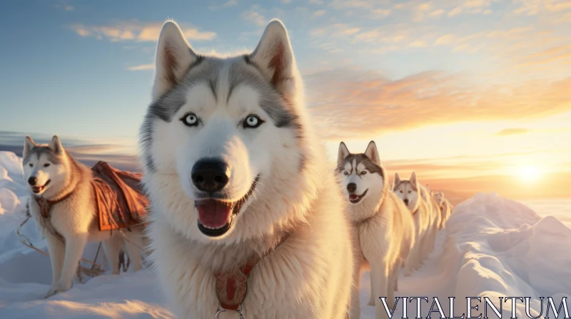 Husky Dogs in Snow at Sunset - A Cinema4D Render AI Image