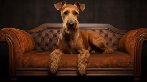 Luxurious Classic Portraiture of Airedale Terrier on Brown Couch
