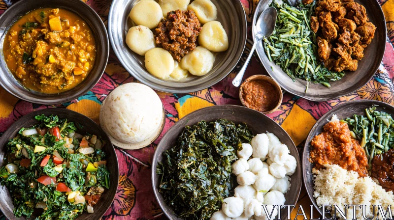 Diverse Dishes on Colorful Tablecloth AI Image