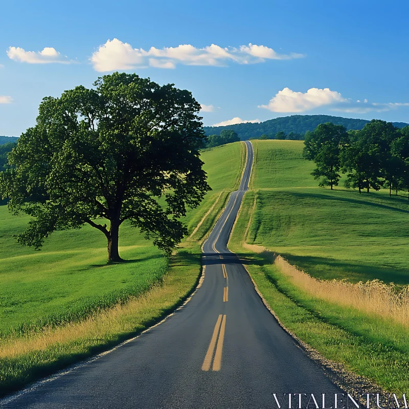 Scenic Road and Green Hillside View AI Image