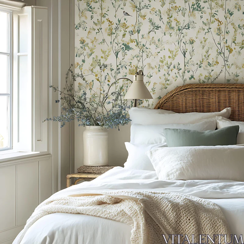 Calm Bedroom with Floral Wallpaper and White Bedding AI Image