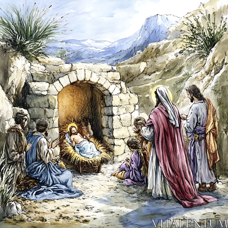 Watercolor Painting of the Nativity AI Image